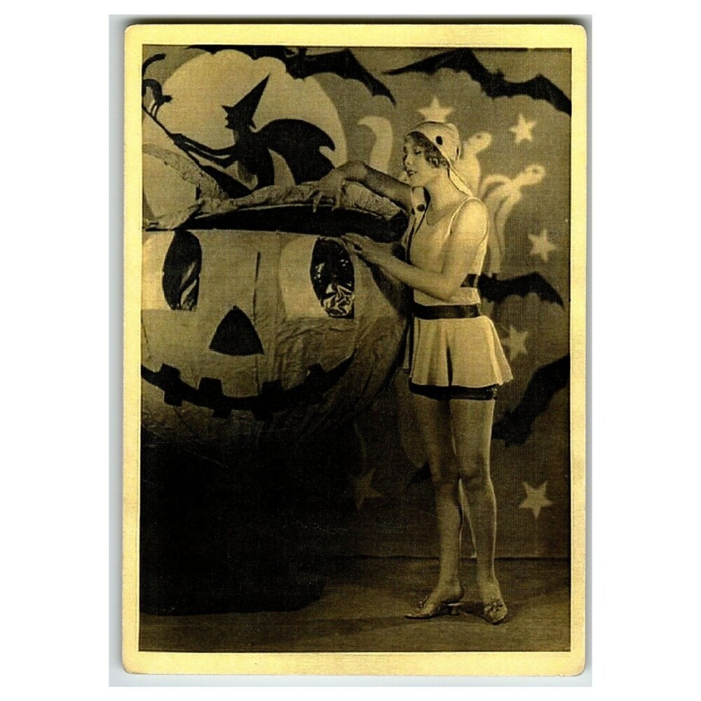 Vintage Halloween Flapper Girl Witch & Giant Jack-O'-Lantern Postcard RPPC RARE